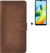 Xiaomi Redmi A1 Hoesje - Bookcase - Redmi A2 Hoesje - Pu Leder Wallet Book Case Bruin Cover + Screenprotector