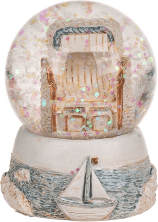 Foto: Sneeuwbol glitterbol maritiem met mand wit lichtblauw 6 x 5 cm