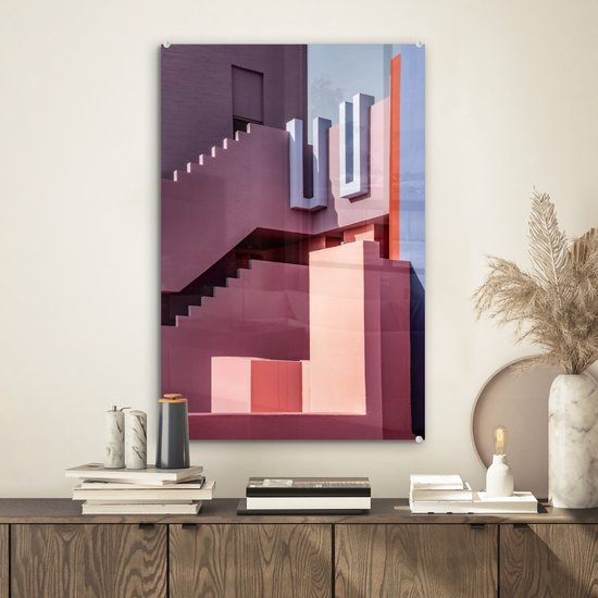 MuchoWow® Glasschilderij 40x60 cm - Schilderij acrylglas - Architectuur - Kleuren - Pastel - Huis - Foto op glas - Schilderijen