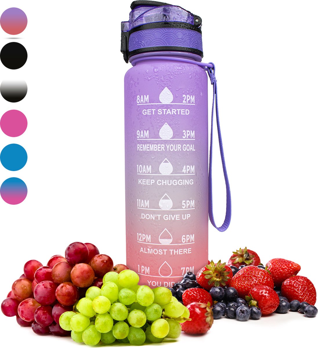 Nimma® Motivatie Waterfles - 1 Liter Drinkfles - Met Tijdmarkeringen en Fruitfilter - Roze Paars