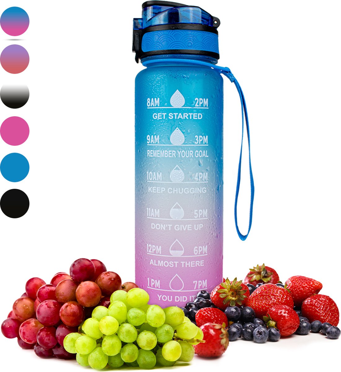 Nimma® Motivatie Waterfles - 1 Liter Drinkfles - Met Tijdmarkeringen en Fruitfilter - Blauw Roze
