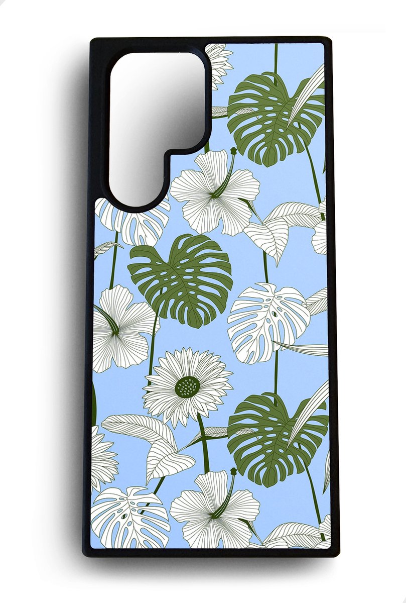 Ako Design Samsung Galaxy S22 Ultra hoesje - Tropische plant en bloemen - blauw - Hoogglans - TPU Rubber telefoonhoesje - hard backcover