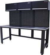 Etabli Kraftmeister 204 cm - Table de travail avec mur à outils, 3 armoires de rangement et plan de travail en acier inoxydable - Zwart
