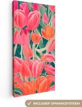 Canvas Schilderij Tulpen - Bloemen - Roze - Rood - Kunst - 40x80 cm - Wanddecoratie