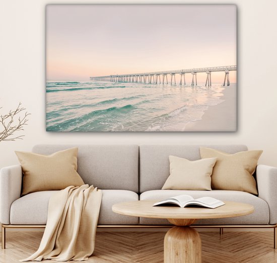 Tableau sur toile - Mer - Plage - Pont - Soir - Coucher de soleil - Peintures sur toile - Canvasdoek - Photo sur toile - Décoration salon - Chambre - Décoration murale - 120x80 cm - Toile toile - Décoration chambre
