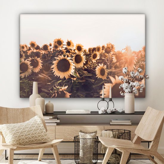 Tableau Toile Tournesols - Champ - Coucher de Soleil - Fleurs - Jaune - 120x80 cm - Décoration murale