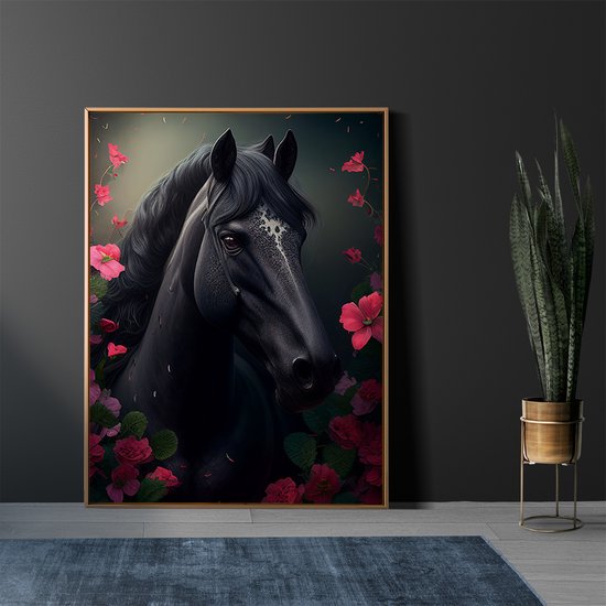 AI - Décoration - Poster - Animaux - Cheval - Fleurs et jungle - 26 - 40 x 50 cm
