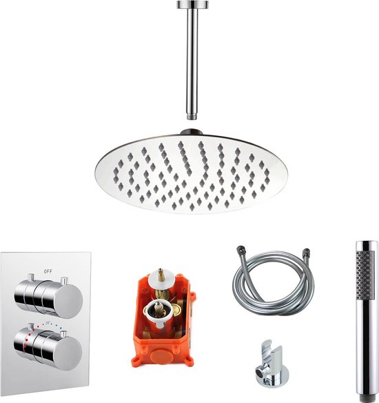 Doucheset Eva Inbouw Rond Chroom Thermostaatkraan Handdouche Regendouche 20cm Plafond
