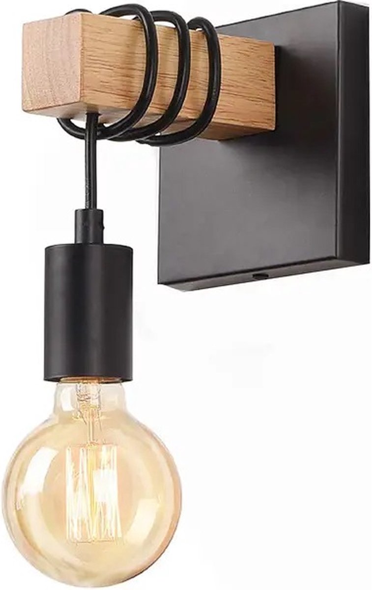 Lampen district® - Landelijke Wandlamp - Industriële wandlamp - zwart - houten wandlamp - bedlamp - E27 fitting - excl. lichtbron