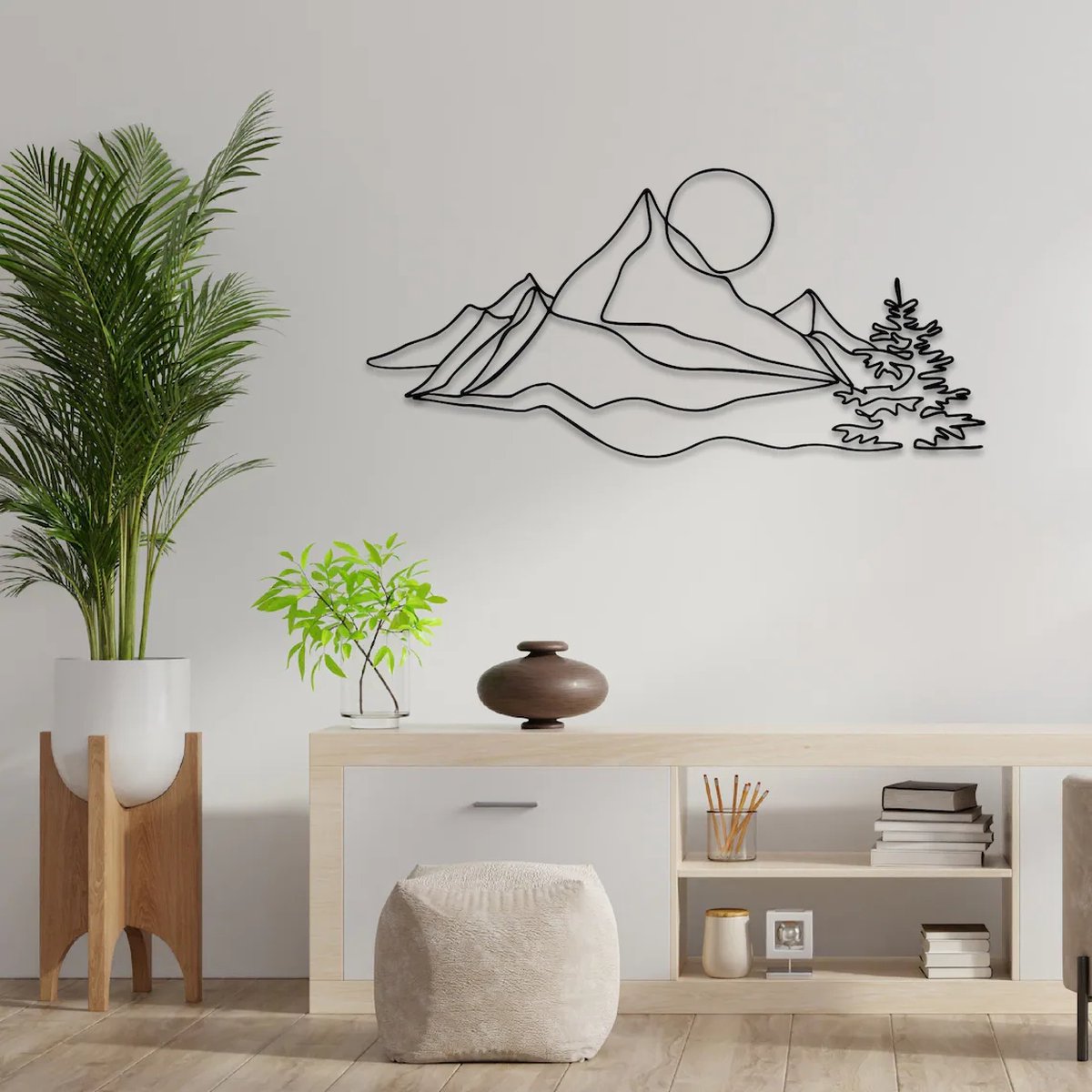 Metalen Wanddecoratie Bergen – 3D Wandkunst – Zwart – 50 x 23 cm