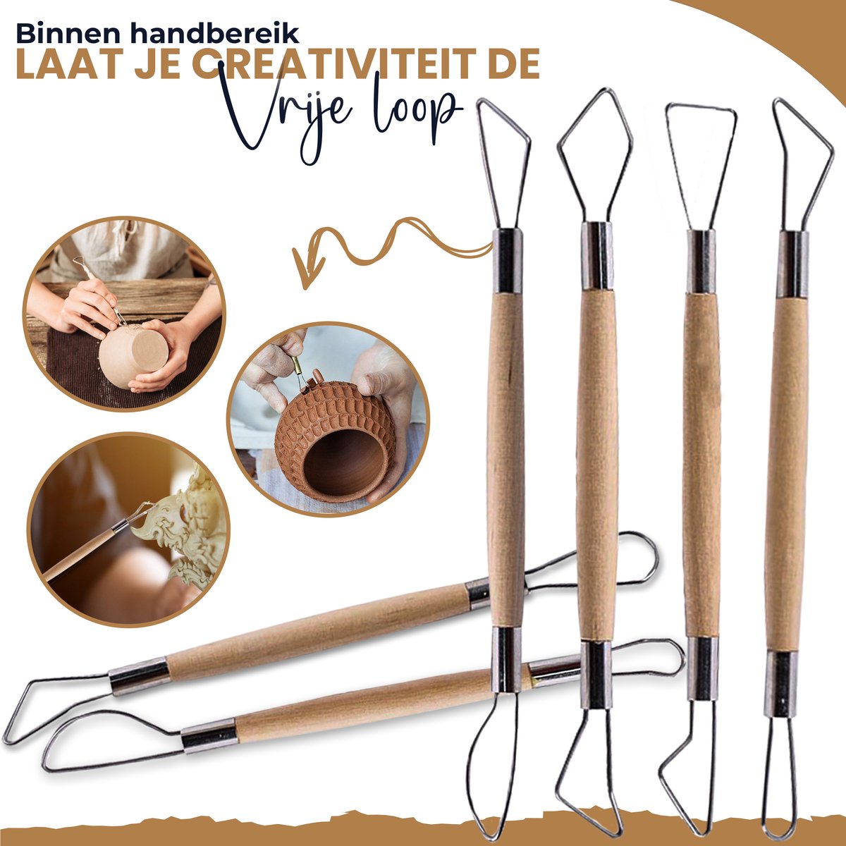 QUARKZMAN 6 stuks houten kleirollerpatroon, modellering 14 cm, beuken, hout, keramiek, gereedschap, hout, korrelstructuur, rollen voor klei, bakken, deeg, doe-het-zelf