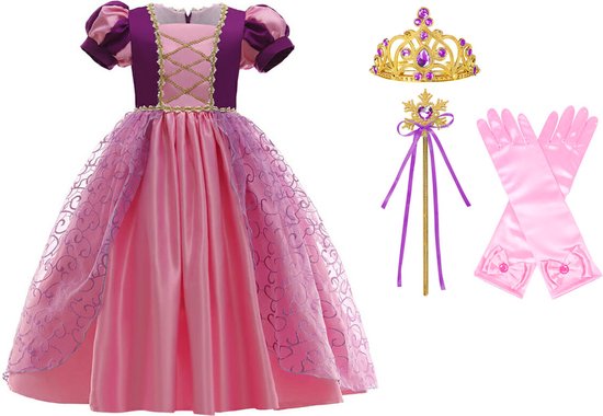 Het Betere Merk - Prinsessenjurk meisje - Roze / Paarse jurk - maat 122/128 (130) - Verkleedkleding meisje - Kroon - Tiara - Carnavalskleding Kind - Kleed - Lange handschoenen