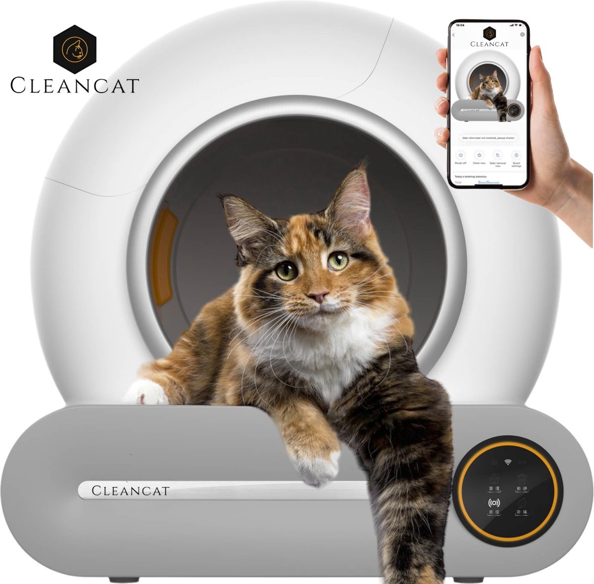 CleanCat© - Automatische Kattenbak - XXL - Zelfreinigende Kattenbak - Inclusief Kattenbakmat en 4 Rollen Opvangzakjes - Met App en Touchscreen - 65L - Geschikt voor grote katten - Cleancat