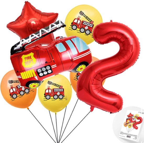 Cijfer ballon 2 jaar Brandweer Themafeest Ballonnenpakket - Rood - Zwart - Helium Ballon - Snoes