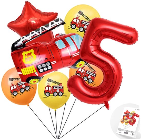 Cijfer ballon 5 jaar Brandweer Themafeest Ballonnenpakket - Rood - Zwart - Helium Ballon - Snoes