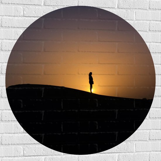 WallClassics - Muursticker Cirkel - Silhouet Persoon op een Berg - 100x100 cm Foto op Muursticker