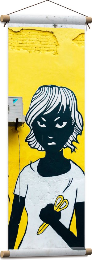 Textielposter - Graffiti op Muur van Vrouw met Gele Schaar - 30x90 cm Foto op Textiel