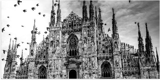 Poster (Mat) - Kathedraal in Milaan in het Zwart- wit - 100x50 cm Foto op Posterpapier met een Matte look