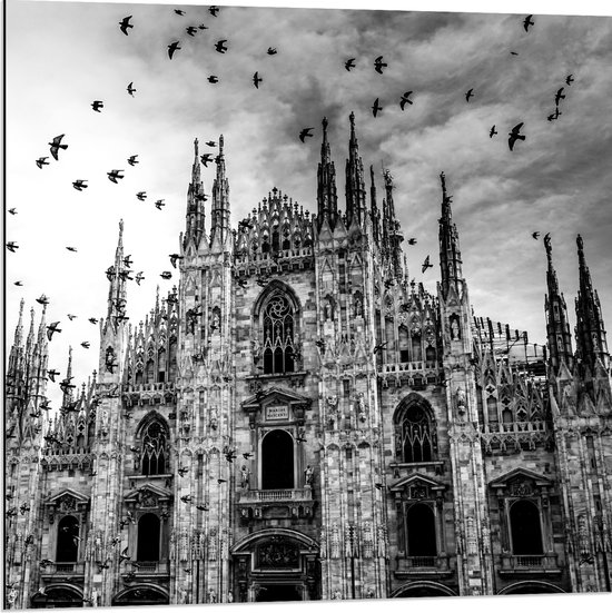 Dibond - Kathedraal in Milaan in het Zwart- wit - 80x80 cm Foto op Aluminium (Met Ophangsysteem)