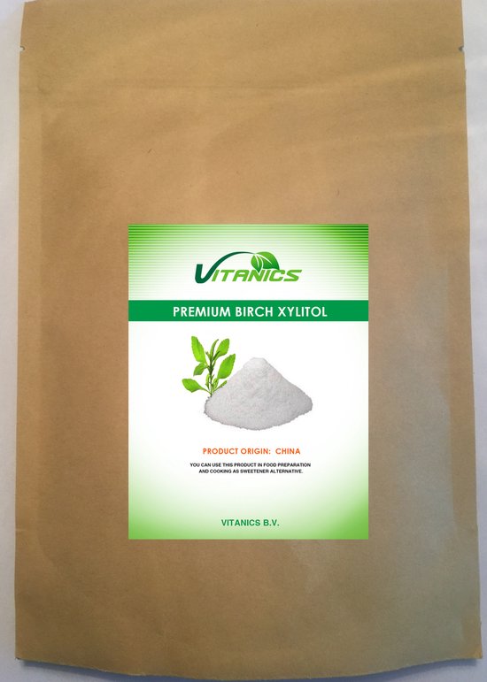 Verpakking met Vitanics Premium Birch Xylitol, poeder met een schepje.