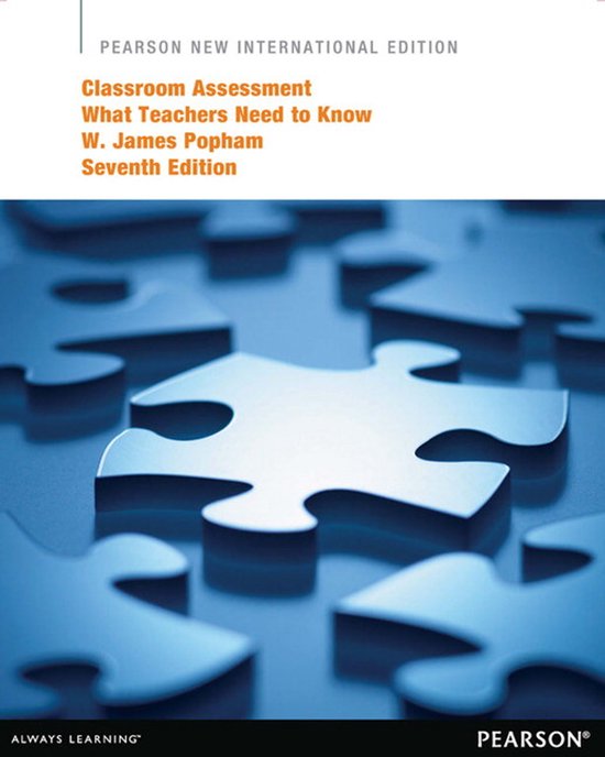 Boekcover van 'Classroom Assessment: What Teachers Need to Know' door W. James Popham, zevende editie, met puzzelstukjes op de voorgrond.
