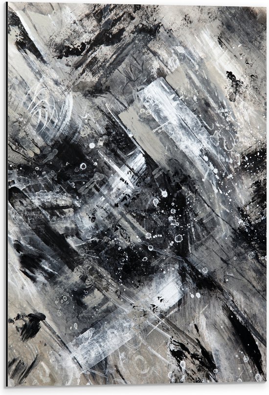Dibond - Abstracte Verfmix van Zwart en Wit Tinten - 40x60 cm Foto op Aluminium (Met Ophangsysteem)