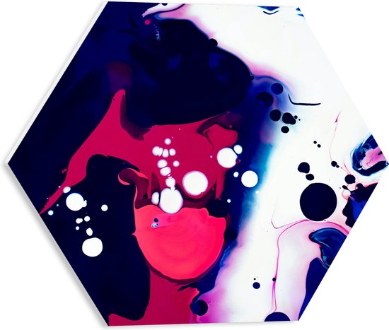 PVC Schuimplaat Hexagon - Abstracte Roze en Witte Vlekken in Blauwe Ondergrond - 40x34.8 cm Foto op Hexagon (Met Ophangsysteem)