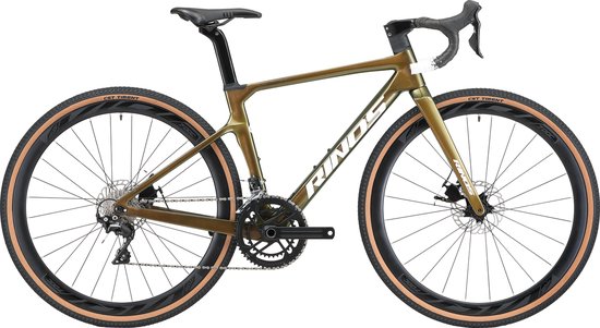 Gouden Rinos gravelbike met witte 'RINOS' belettering, bruine banden en zwarte onderdelen. Zwart achtergrond.