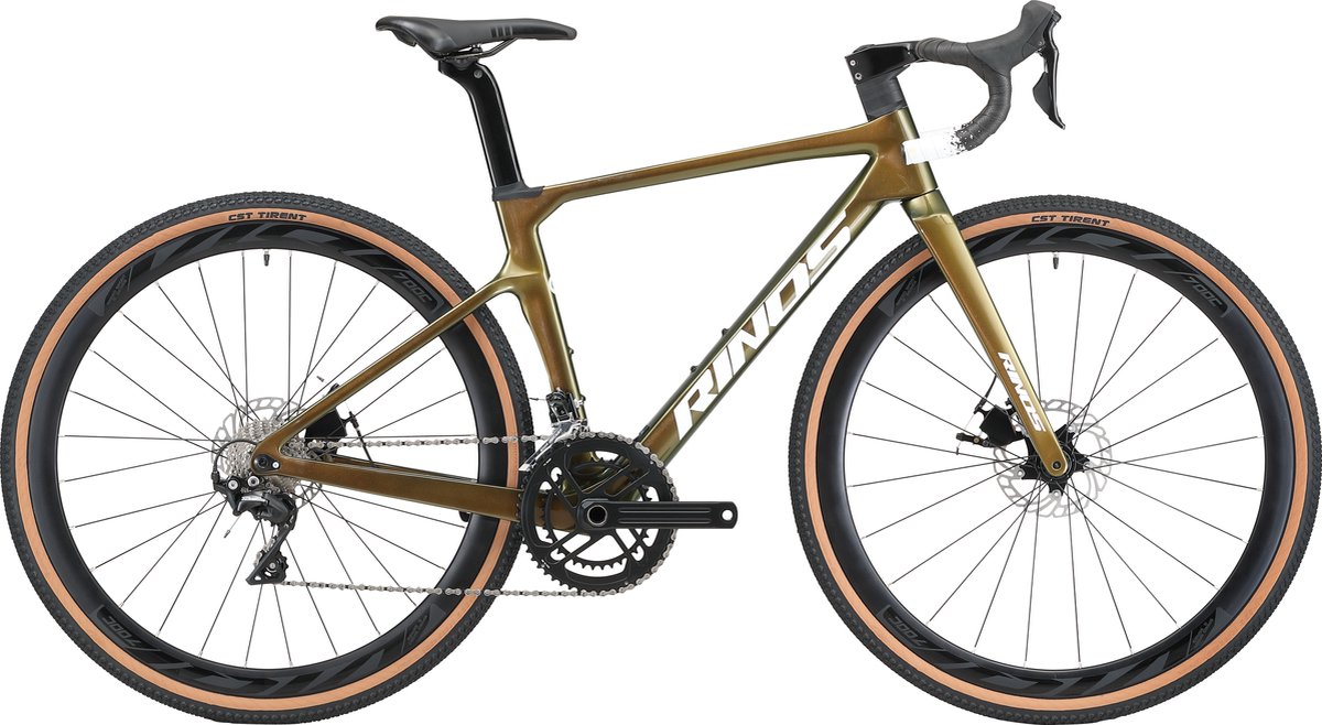 Rinos Sandman 3.0 Carbon - Gravel Fiets - Gravel Bike met SHIMANO 105 ST-R7000 - 22 versnellingen en schijfremmen - lichte fiets voor dames en heren - 700 x 40C - Kameleon Goud - Groent 56