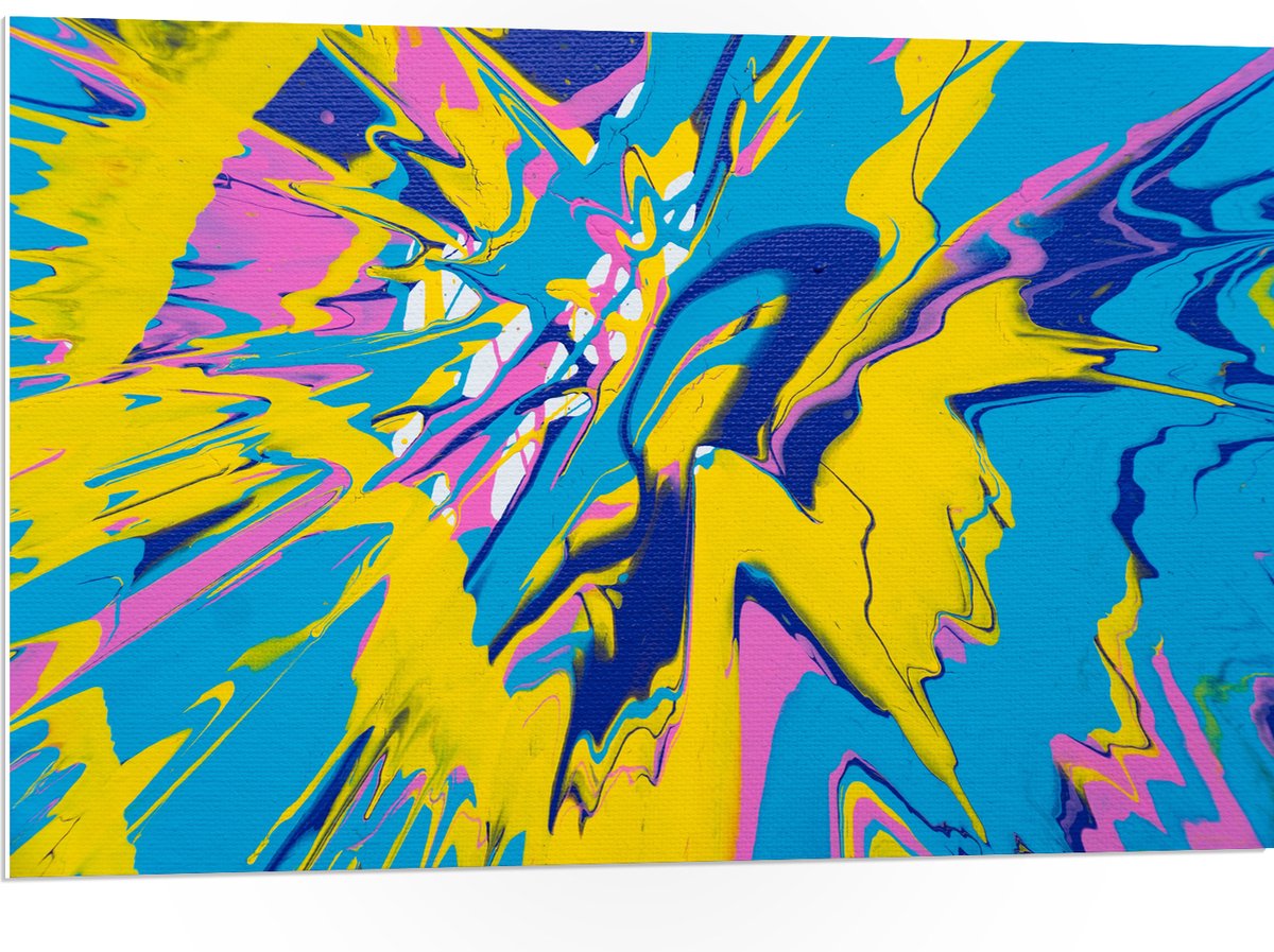 PVC Schuimplaat- Mix van Felle Kleuren Verf in Geel, Blauw en Roze - 105x70 cm Foto op PVC