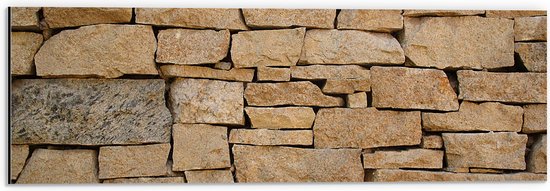 Dibond - Muur van Opgestapelde Beige Stenen - 60x20 cm Foto op Aluminium (Met Ophangsysteem)