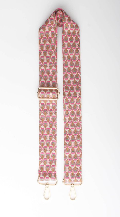 Josiena bag strap- Tassen hengsel- Cadeau voor haar- Boho- -Chic- Goud- Polyester- Geografische print- 5cm- 135cm- Roze/camel/grijs/zand