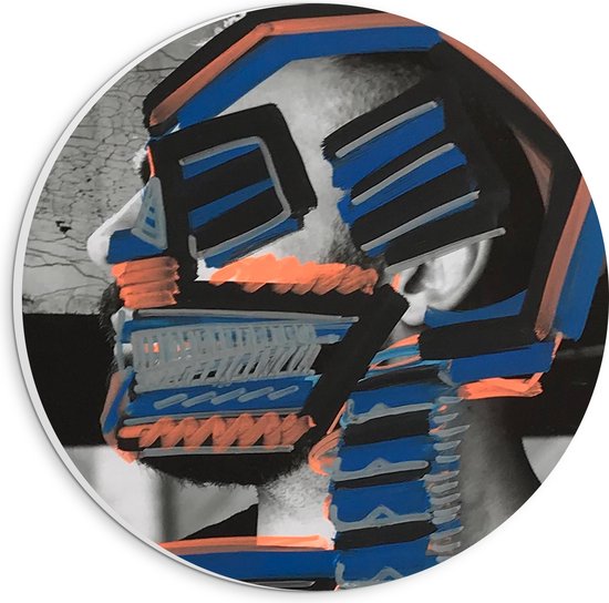 PVC Schuimplaat Muurcirkel - Mens Overgeschilderd in de Kleuren Blauw, Wit, Grijs en Oranje - 20x20 cm Foto op Muurcirkel (met ophangsysteem)