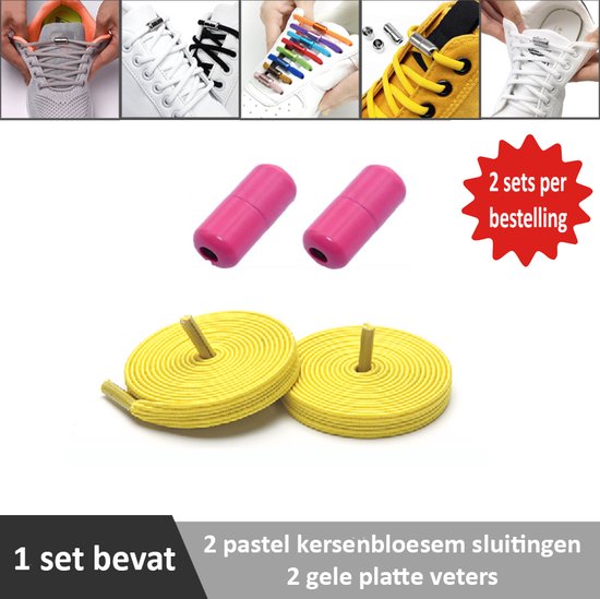 2 paar gele platte elastische veters met pastel kersenbloesem sluitingen. Je hoeft voortaan nooit meer je veters te strikken.