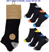 Bamboe sneaker sokken - set van 6 paar - zwart met gekleurde hiel - maat 39/45
