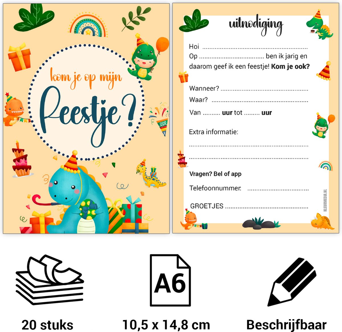 Uitnodiging kinderfeestje - Voordeelset 20 stuks - Beschrijfbaar - Uitnodigingskaarten - Uitnodiging verjaardag - uitnodiging verjaardag feest - Uitnodiging kinderfeestje Jongen of Meisje - Uitnodiging feestje - uitnodigingen - Dino