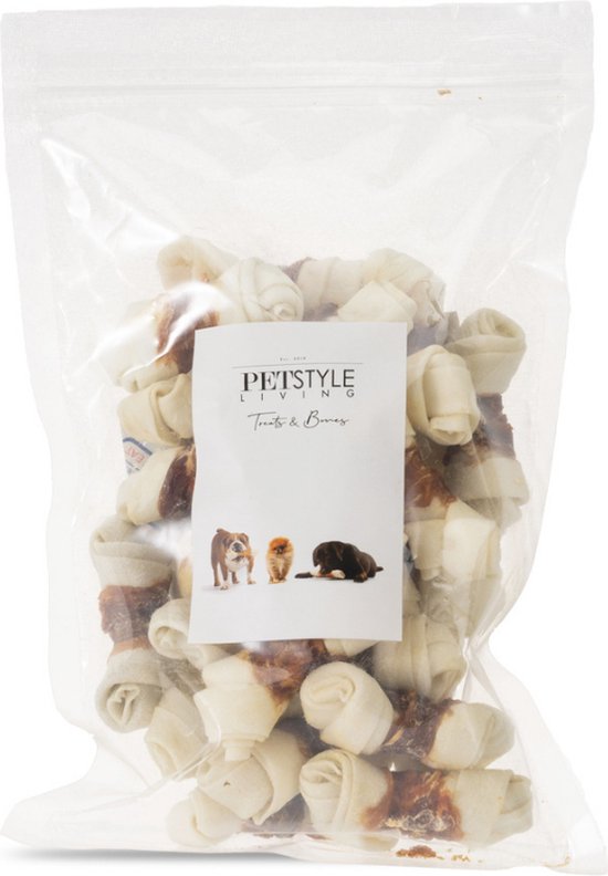 Petstyleliving - Wit geknoopt bot met eend 6,25-7,5cm - 25 stuks - Hondensnack