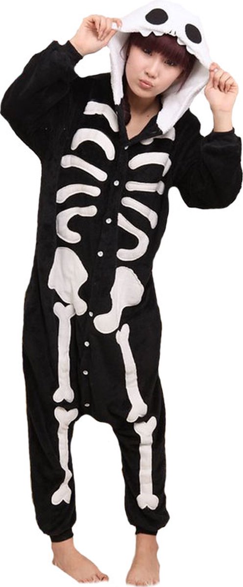 Skelet Onesie Pak Kostuum Outfit Huispak Jumpsuit Verkleedpak - Verkleedkleding - Halloween & Carnaval - SnugSquad - Kinderen & Volwassenen - Unisex - Maat XL voor Lichaamslengte (173 - 195 cm)