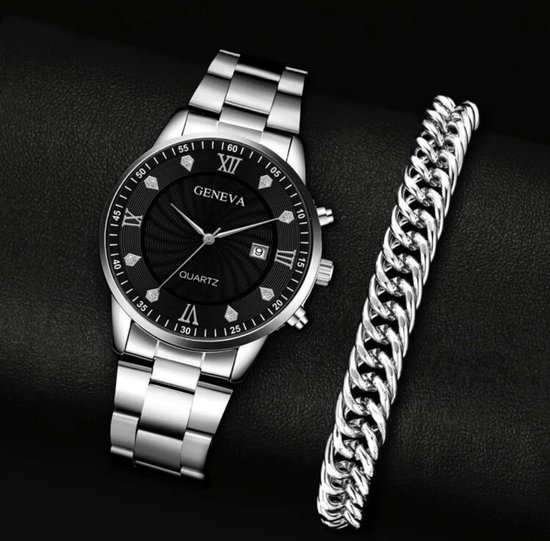 Geneva horloge heren zilver met zilveren armband bol