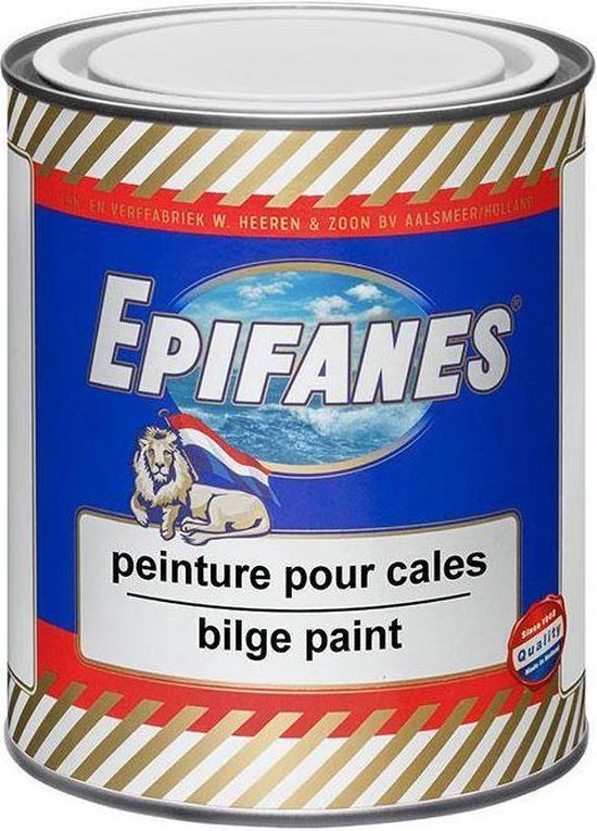 Blik Epifanes Bilge Paint verf blauw met gouden en witte strepen, leeuw en boot logo.