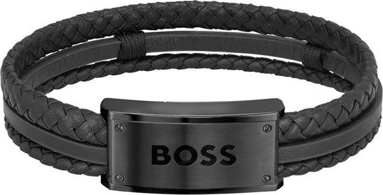 BOSS HBJ1580425 GALEN Heren Armband - Leren armband - Sieraad - Leer - Zwart - 13 mm breed - 19.5 cm lang