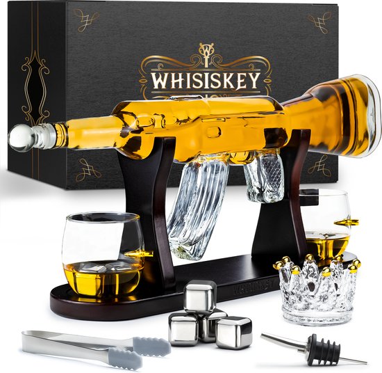 Whisiskey Whiskey Karaf - AK-47 - Luxe Whisky Karaf Set - 1 L - Decanteer Karaf - Whiskey Set - Incl. 4 RVS Whiskey Stones, Schenktuit & 2 Whiskey Glazen - Peaky Blinders - Vaderdag cadeau geschenk - Vaderdag cadeaupakket