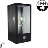 Decoratieve Lantaarn Lamp Met Bewegingssensor | Zwart | 1x E27 LED Lamp | IP44 | Roestvrij Staal en Glas Body | 2 Jaar Garantie