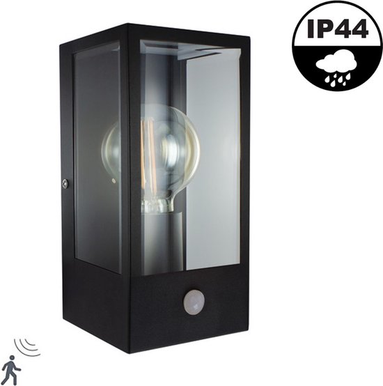 Decoratieve Lantaarn Lamp Met Bewegingssensor | Zwart | 1x E27 LED Lamp | IP44 | Roestvrij Staal en Glas Body | 2 Jaar Garantie