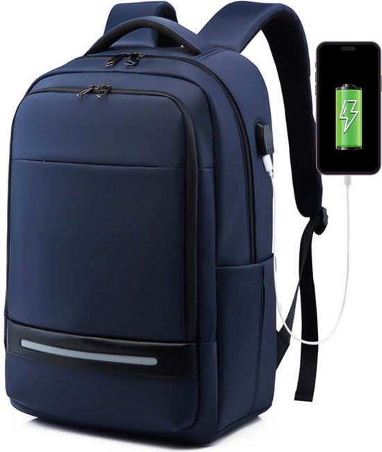 Jeusin rugzak met USB-oplaad poort - Rugtas - Met laptopvak voor laptops tot en met 15,6-inch formaat - Inclusief USB poort - Met laptopvak - Waterdichte rugzak - Voor dames en heren - Blauw