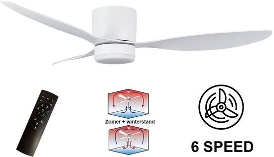 TECHBREY Stille Plafondventilator Eubea 132cm DC Motor Wit - Afstandsbediening, Zomer/Winter Functie, Zonder Licht