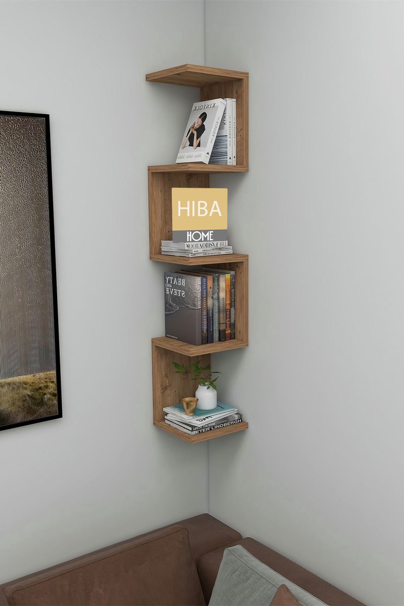 HIBA Home - Wandrek - ZigZag - Design Boekenkast - Hoekkast Zigzag Boekenkast - Hoek Boekenkast - Wandplank - Decoratieve Plank - 5 Planken - 5 Secties - Pijnboom