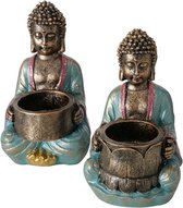 Boltze Home Waxinelichthouders Buddha - Set van 2 - Bruin / Lichtblauw / Roze - H14cm