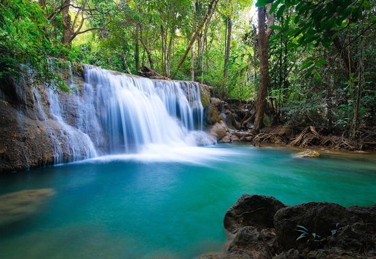 Een grote waterval die in een turkooizen poel stort, omringd door dichte jungle vegetatie.