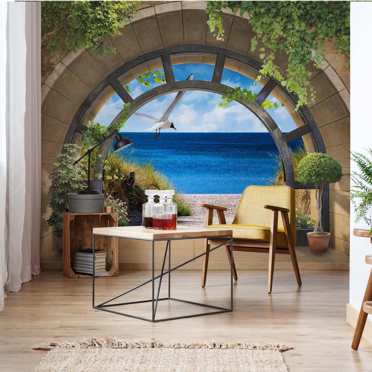 Fotobehang - Vlies Behang - Uitzicht op de Blauwe Zee door het Raam 3D - 312 x 219 cm